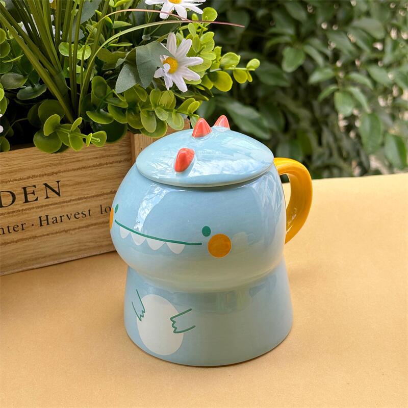Kreslený ručně malovaný keramický hrnek s dinosaurem s víčkem Roztomilý hrnek na kávu, mléko, čaj, vodu Pár Snídaňový hrnek Domácí nápojové sklo