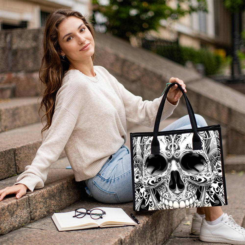 Black White Skull Pattern Large Tote Bag Casual Portable Handbag for Daily Use