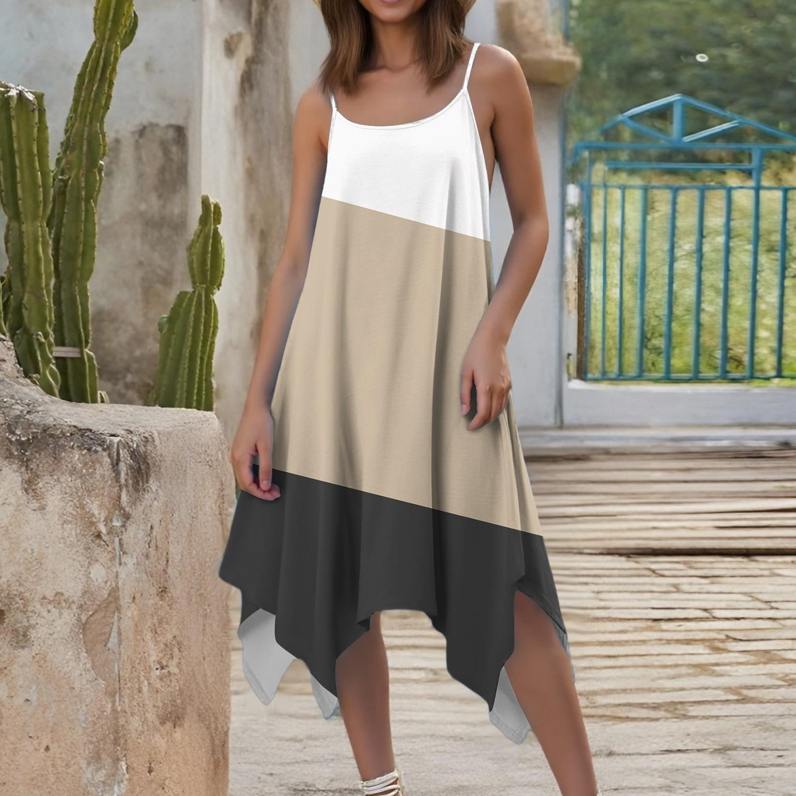 

Женское летнее повседневное платье с круглым вырезом и регулируемыми подтяжками, с карманами S бежевый