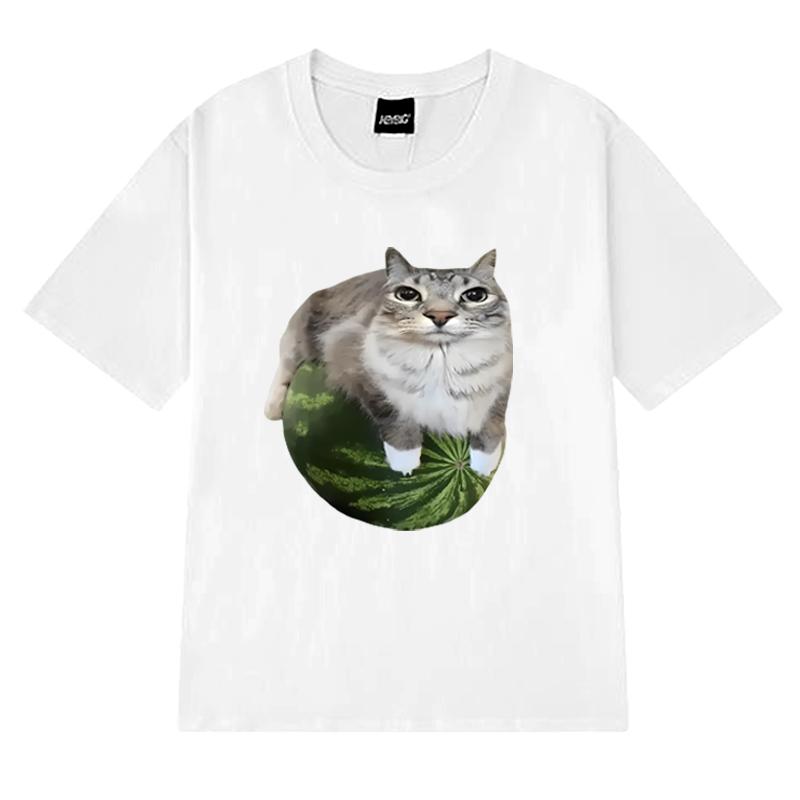 Funny Watermelon Cat Silly Cat Meme Printed T Shirt 2025 New Men Women Oversized Short Sleeve T-shirts Unisex 100% Cotton Tops