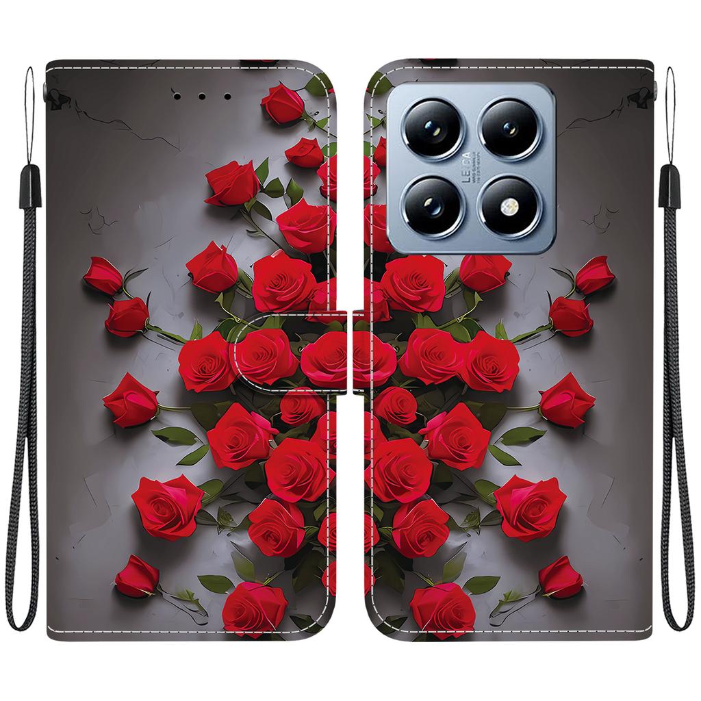 Handmade PU Leather Flip Case for Xiaomi 14T / Xiaomi 14T Pro Anti-Slip Shockproof Cover with Wrist Strap & Heart/Rose Cat Designs