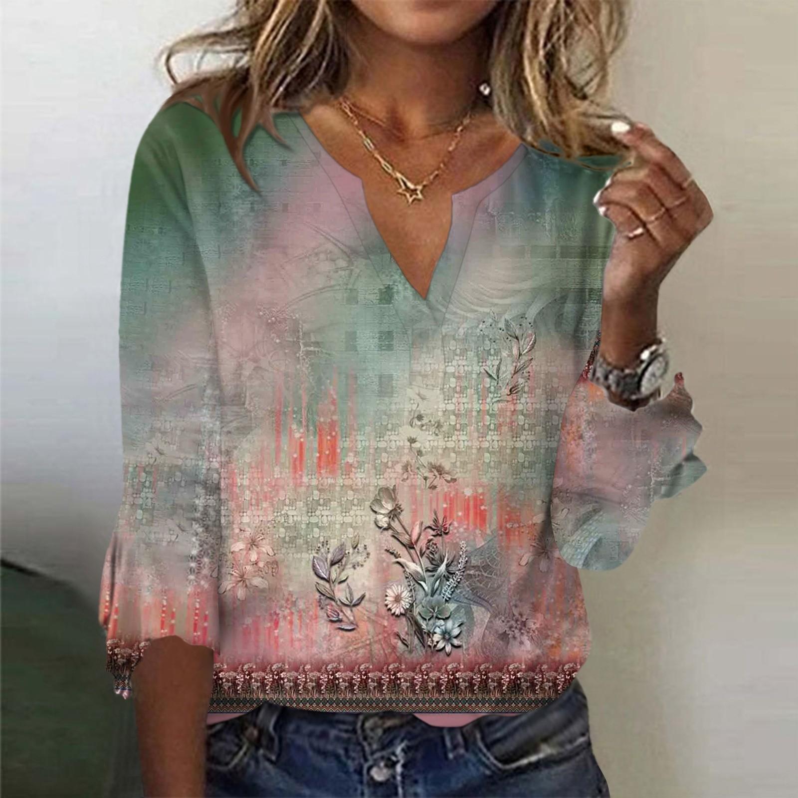 

Женский топ, свободные повседневные блузки с v-образным вырезом и принтом, футболка с рукавом 3/4 и колокольчиком XXXL