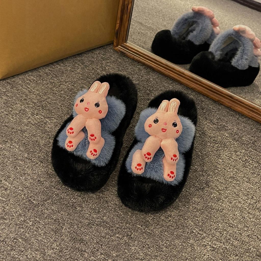Fashion Versatile Fluffy Slippers Women's 2025 Autumn and Winter New Cute Thick-bottomed Warm One-word Cotton Slippers Women's Outer Wear