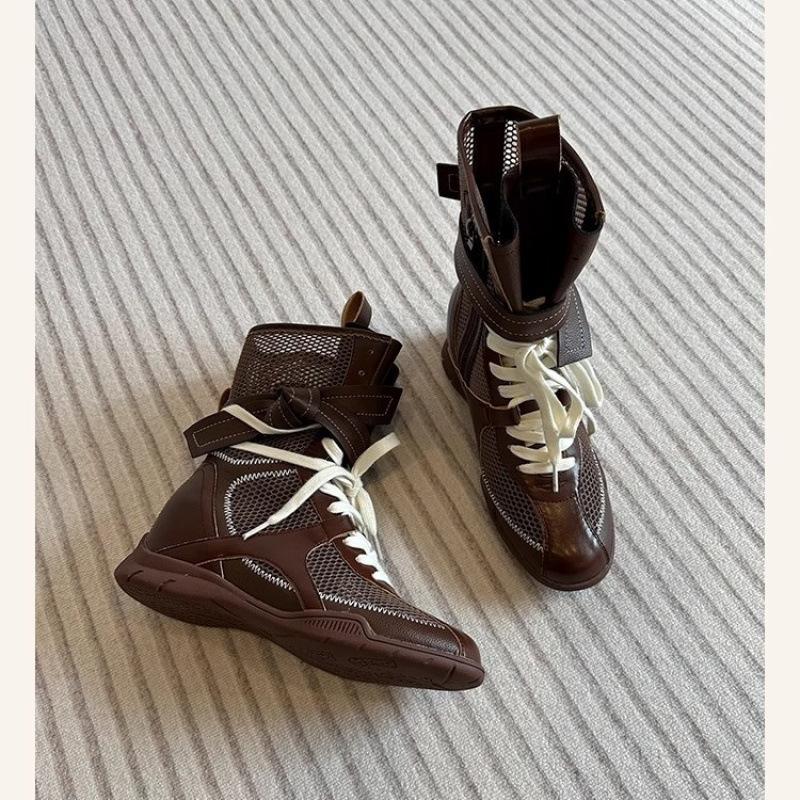 

Hollow breathable short boots Martin boots women s new inner heightening boxing boots retro lace-up medium boots 40