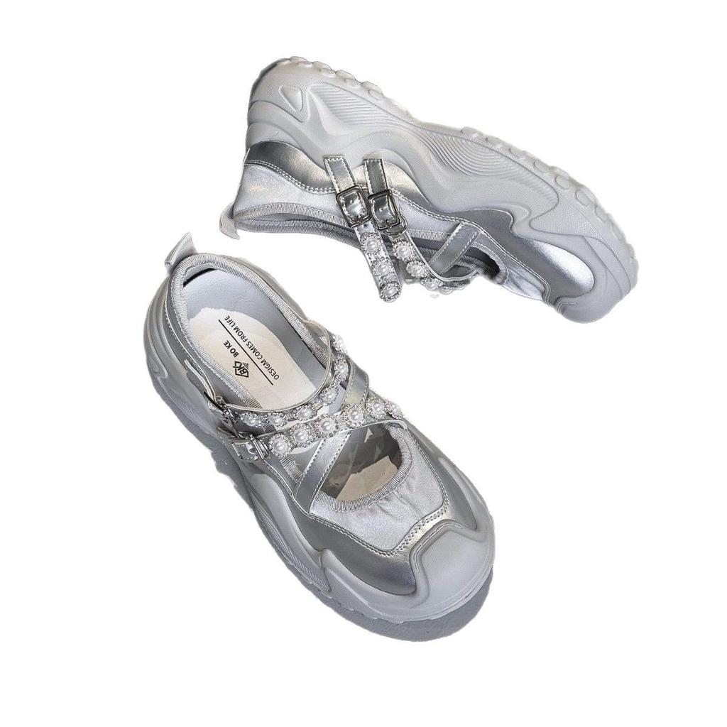 Leather sports Mary Jane shoes women's 2025 summer new thick-soled shallow mouth rhinestone fashion casual single shoes sandals