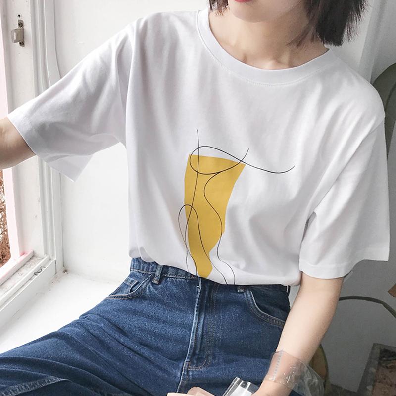 Hirsionsan New Summer Simple Printed T Shirt Women Harajuku Kawaii Loose Clothes Abstract Graphic White Tees Soft Cotton Female Tops