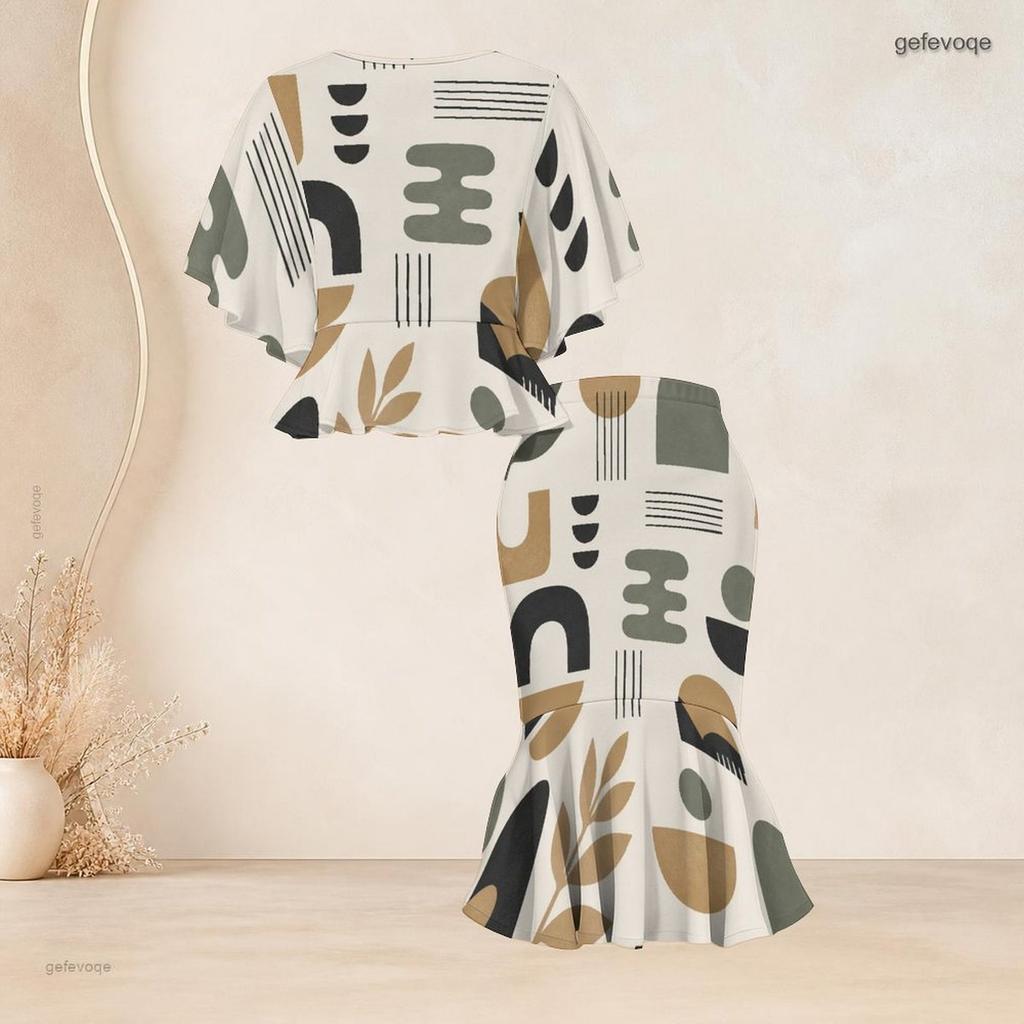 Women Plus Size Two Piece Skirt Set Round Neck Batwing Sleeve Printed Ruffle Hem Top Fishtail Skirt Red Black Gray