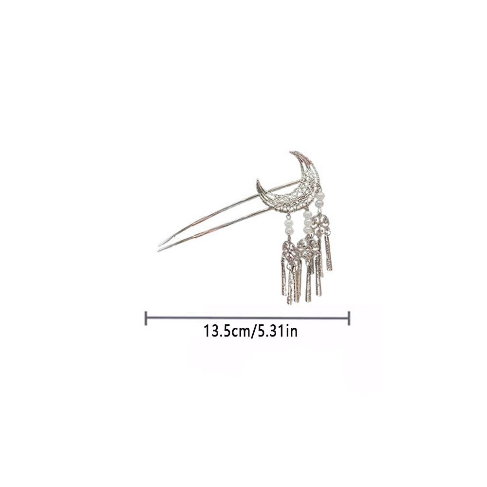 1pc Silver Moon Hair Stick Intricate Filigree Design Pearl Tassel Charms Perfect Gothic Celestial Hairstyles Unique Personality