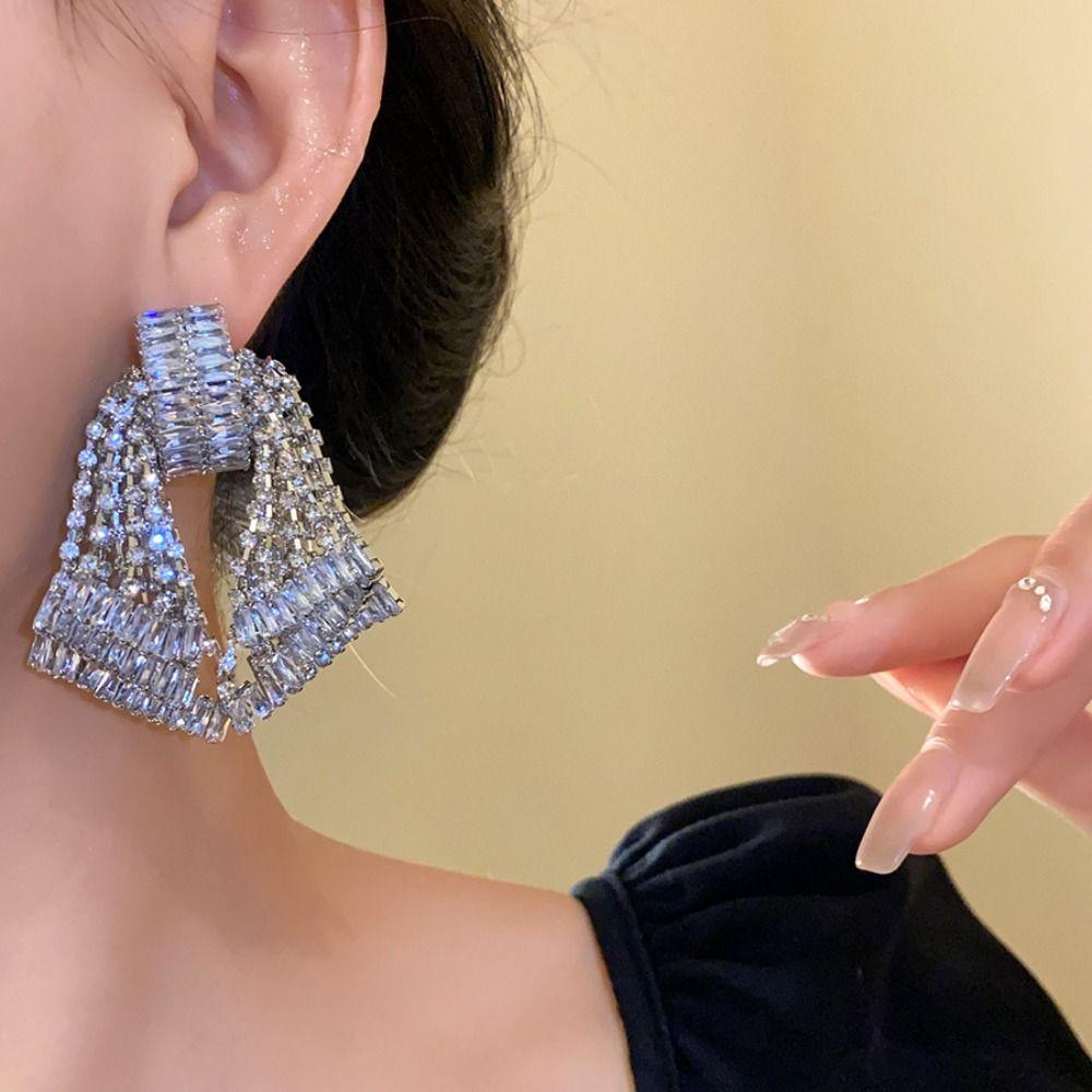 Tassel Bowknot Drop Earrings Elegant Exaggerated Earring Luxury Shining Rhinestone Earrings  Gift