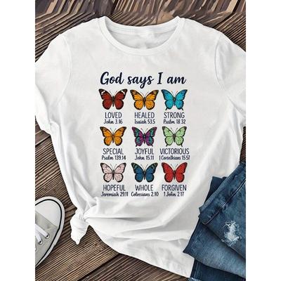 Womens Colorful Butterfly Print T Shirt Round Neck Short Sleeve Casual Regular Length Spring Summer Fashion Top