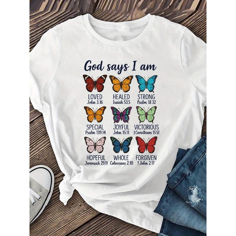 

Womens Colorful Butterfly Print T Shirt Round Neck Short Sleeve Casual Regular Length Spring Summer Fashion Top S белый
