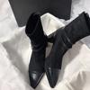 Delicate extravagant thick heel pointed splicing elastic thin boots large size short middle heel boots