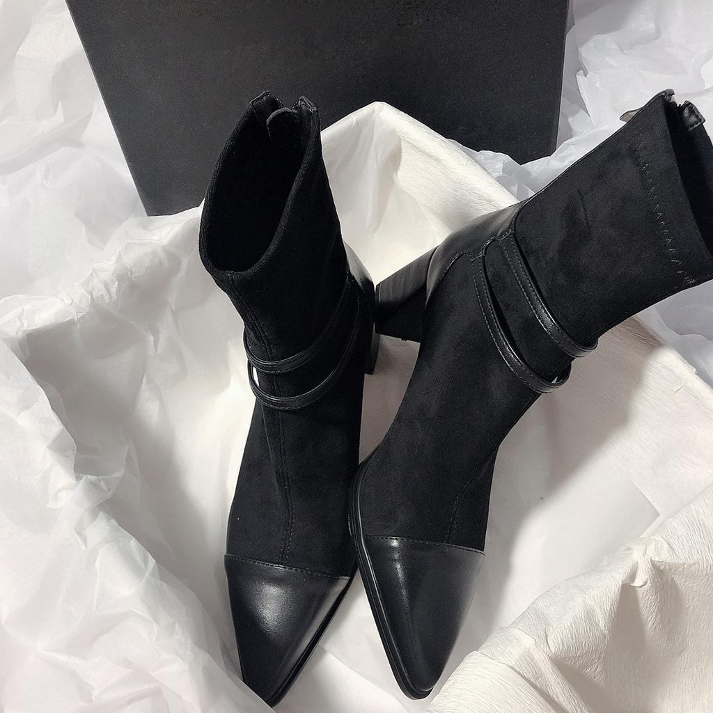 Delicate extravagant thick heel pointed splicing elastic thin boots large size short middle heel boots