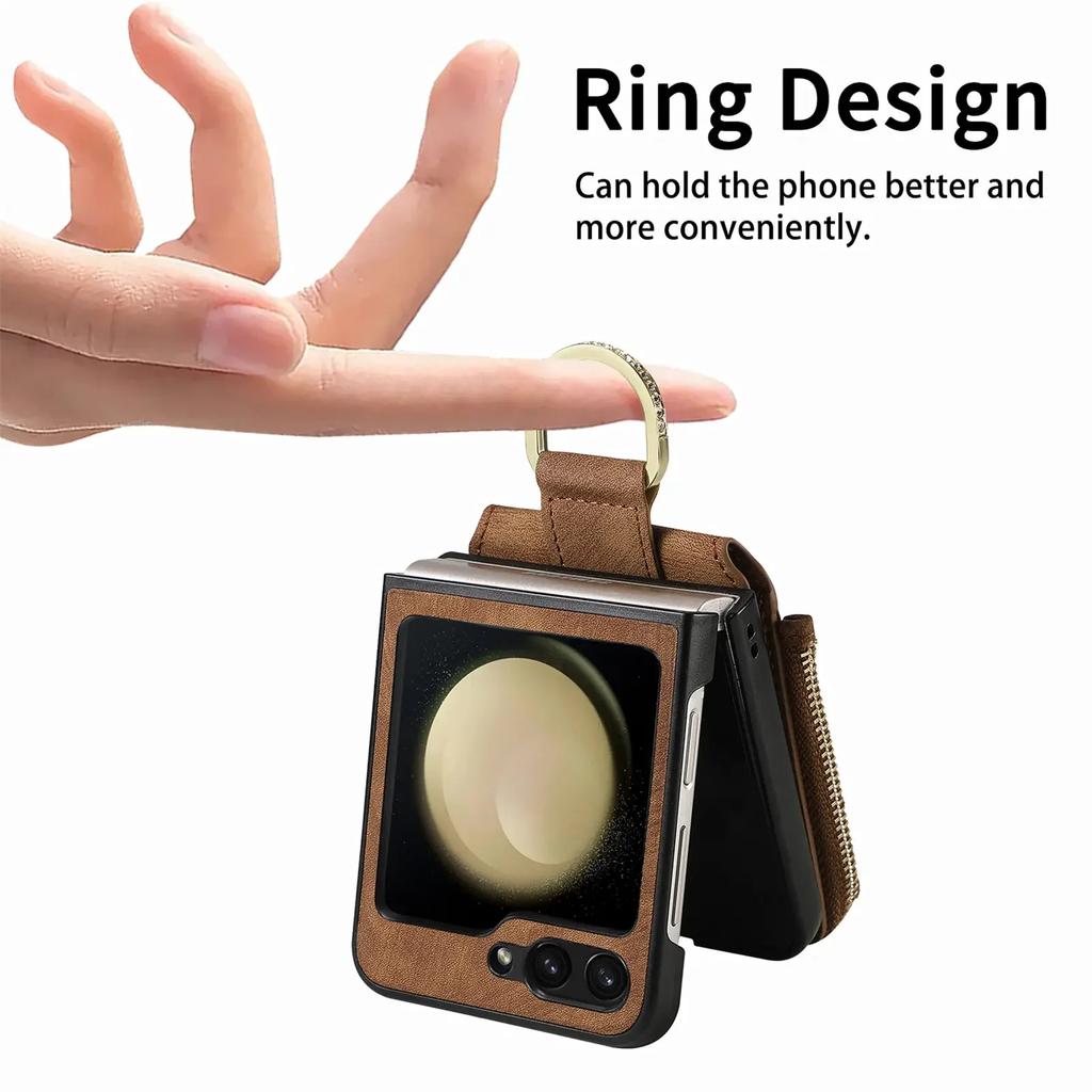 Zipper Cards Solt Purse Ring Holder Vintage Leather Wallet Case for Samsung Galaxy Z Flip 7 FE 6 5 4 5G Flip5 Bag Stand Cover
