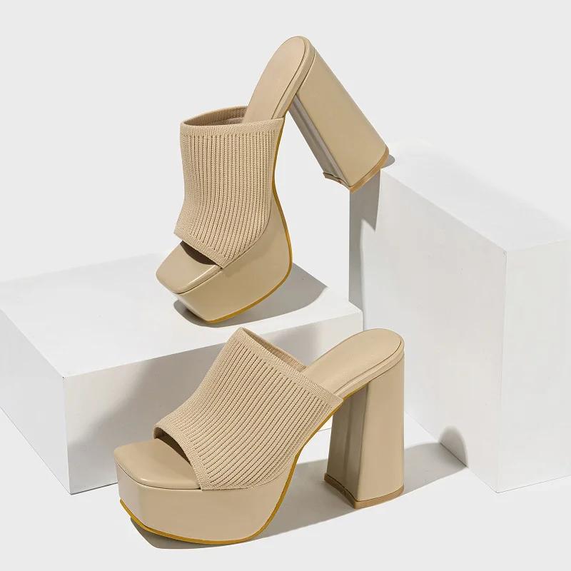 Pesstwei Summer Fashion Stretch Fabric Square Toe Women Slippers High Heels Sandals Slides Shoes Size 35-42