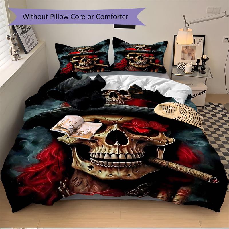 3pcs Skulls in Hats Quilt Cover Set - Soft and Cozy Bedroom, Guest Room and Dorm Decorative Bedding 3-Piece Set 1 Quilt Cover + 2 Pillow Shams.J0