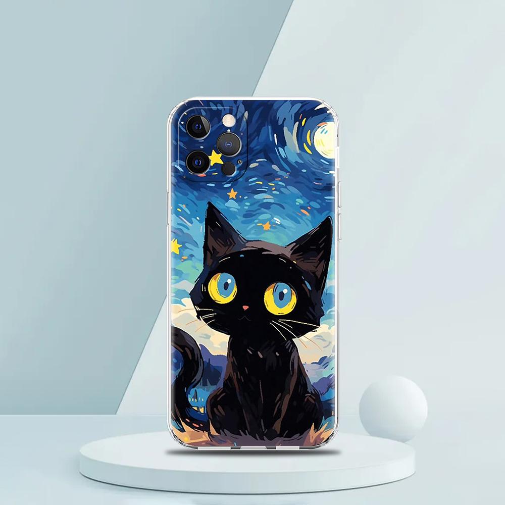 Artistic Black Cat Starry Night Luxury Phone Case For iPhone 16 15 14 13 12 11 Pro Max XS X XR SE 7 8 Plus Silicone Clear Cover