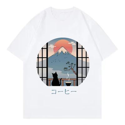 Japanese Coffee Cat TShirt Women Mt Fuji Landscape Graphic Tee Summer Loose Short Sleeve Harajuku Aesthetic Streetwear Tops