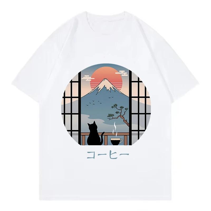 

Japanese Coffee Cat TShirt Women Mt Fuji Landscape Graphic Tee Summer Loose Short Sleeve Harajuku Aesthetic Streetwear Tops 4XL