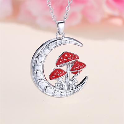 Female Red Enamel Moon Mushroom Pendant Necklace Vintage Silver Color Wedding  For Women
