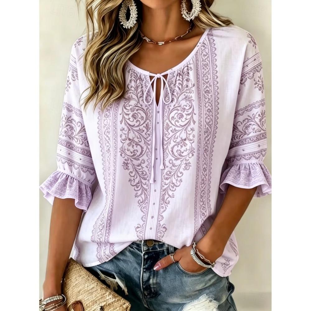 Women's Beige Ethnic Floral Print Tie Front Blouse, Casual Loose Top for Spring Summer Daily Wear