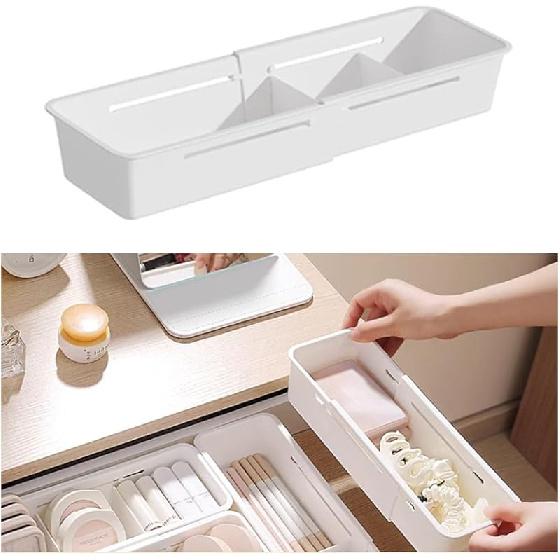 2PCS Expandable Storage Drawer Organizers Sliding Bin Plastic Desk Drawer Trays with Removable Dividers Adjustable Makeup Storage Bins for Bedroom,