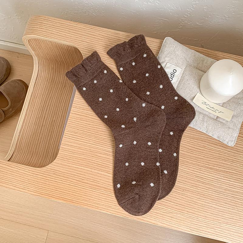 Polka Dot Wool Socks Medium Tube Socks Thickened Cashmere Thermal Stacking Socks White Versatile Double Needle Stockings