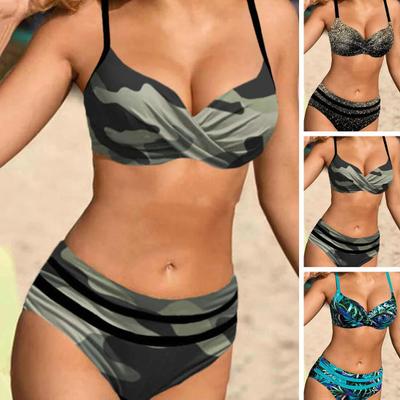 1 Set Swimsuit Split Type Push Up High-Waist Chest Padded No