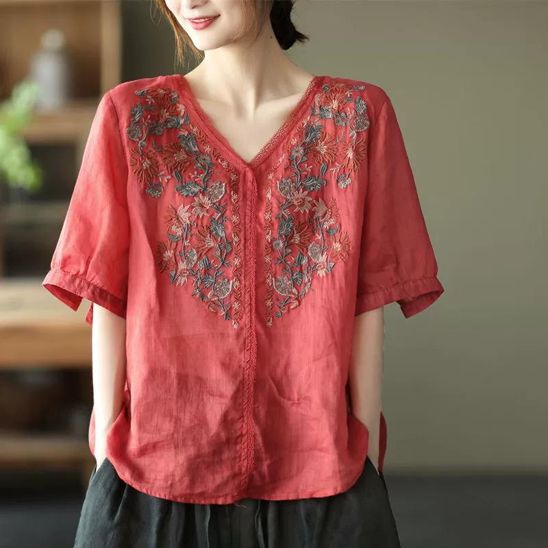 Cotton and Linen Tops Women's Heavy Industry Temperament Loose Short-sleeved Shirts Retro Literary Pullover Embroidery Plus Size Summer