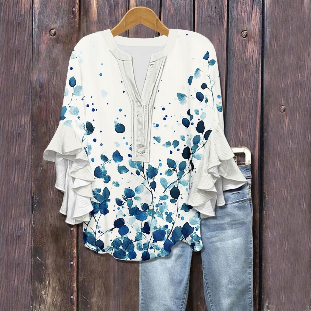 Women's Summer Tops V Neck Three-quarter Sleeves Floral Print Flowing Ruffle Sleeves Half-button Shirt