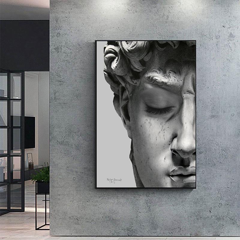 Retro Renaissance David Massivskulptur Leinwandgemälde Halbes Gesicht Porträt Druck Poster Kunstbilder für Zimmerwanddekoration