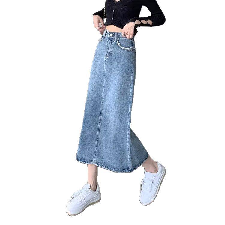 2025 Women's Retro Frayed Denim Midi Skirt: Korean Style Summer Trend