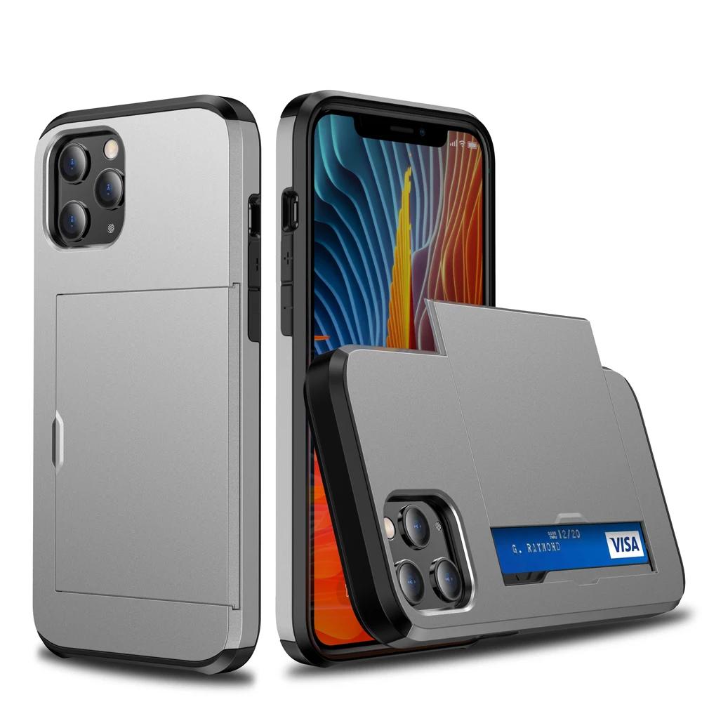 Armor Slide Card Case For iPhone 15 14 13 Pro Max 12 Mini 11 12 Pro Max XS Max XR X Card Slot Holder Cover Wallet Slide Cover