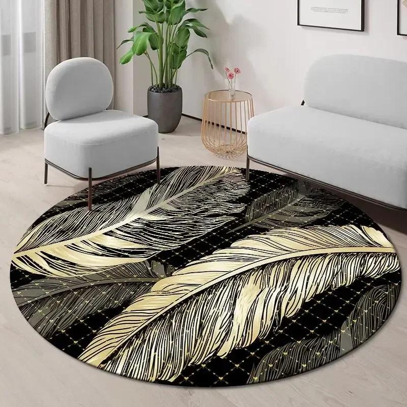 Goldenes Ginkgoblatt Runder Teppich Abstrakt Geometrischer Bereichsteppich für Wohnzimmer Schlafzimmer Küche Dekorativ Rutschfest Innenbodenmatte