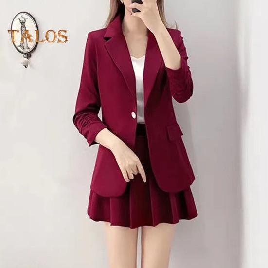 2Pcs/Set Coat Skirt Set Women Spring Autumn Lapel Long Sleeve Single Button Suit Coat Pleated Mini Skirt Set Solid Color Set