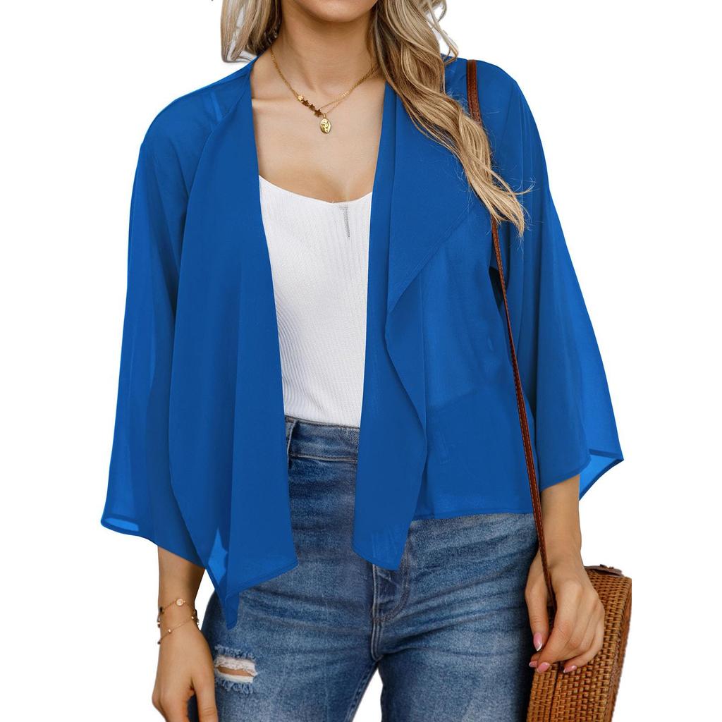 Damen Locker Ausgestellte Ärmel Einfarbig Chiffon Kurzer Cardigan Sonnenschutz-Oberteil