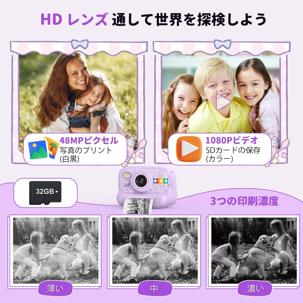 Fyhuioo Thermal Print 1080P IPS 32GB Memory USB Printing Ages Girls and New Japanese Instruction Manual Kids' Camera 48MP, Video, 2.0-inch Screen,