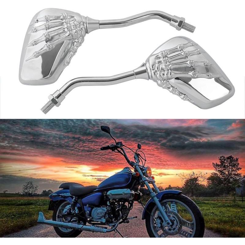 Chrome 8mm/10mm Motorcycle Skull Skeleton Rearview Side Mirrors Compatible with Honda Yamaha Kawasaki Suzuki Aprilia