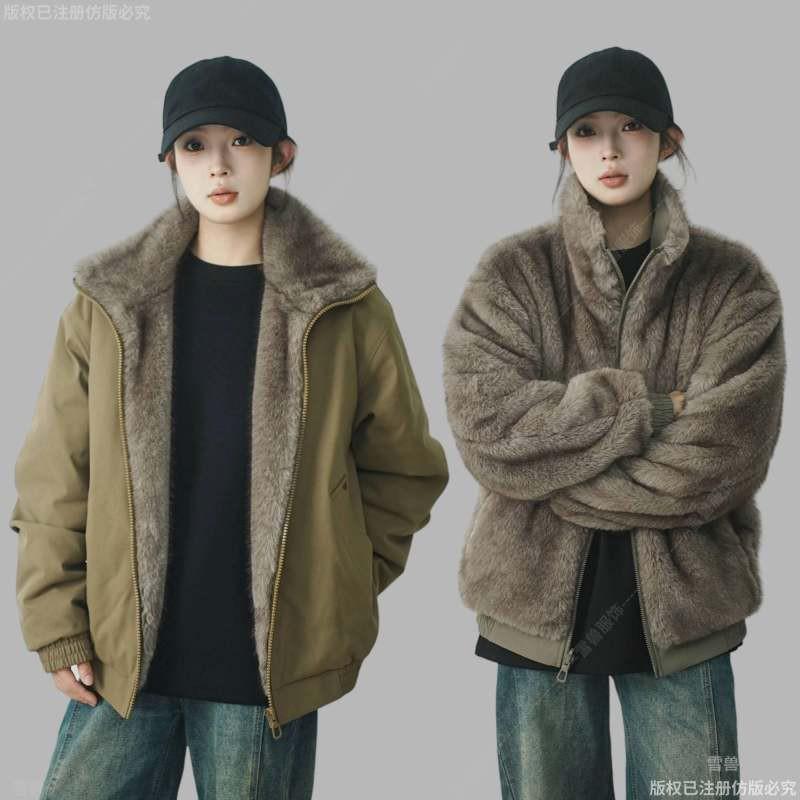 Reversible Warm Thickened Stand Collar Cotton Jacket Men Women Loose Fit Winter Outerwear In Black Gray Khaki
