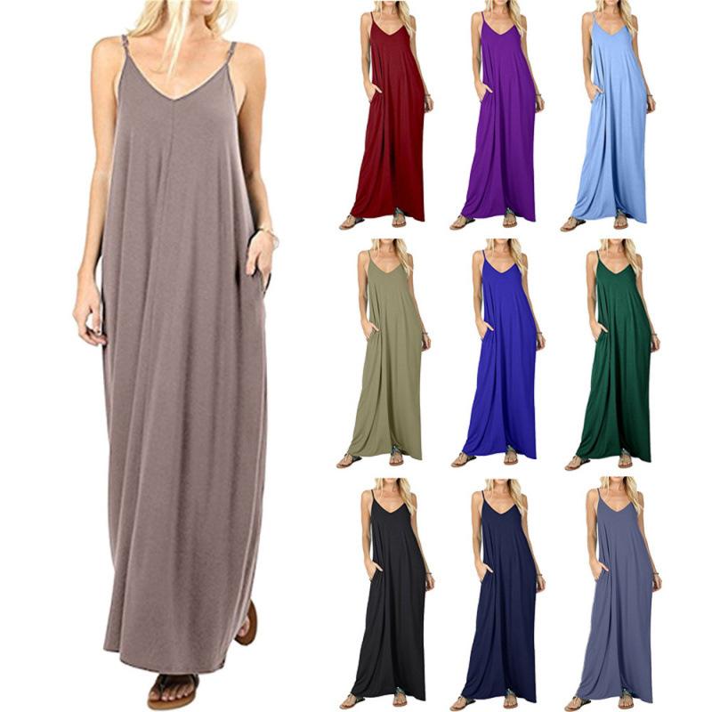 European and American Women's Clothing Solid Color Loose Pocket Long Dress, Vest Dress, Sexy Suspender Skirt