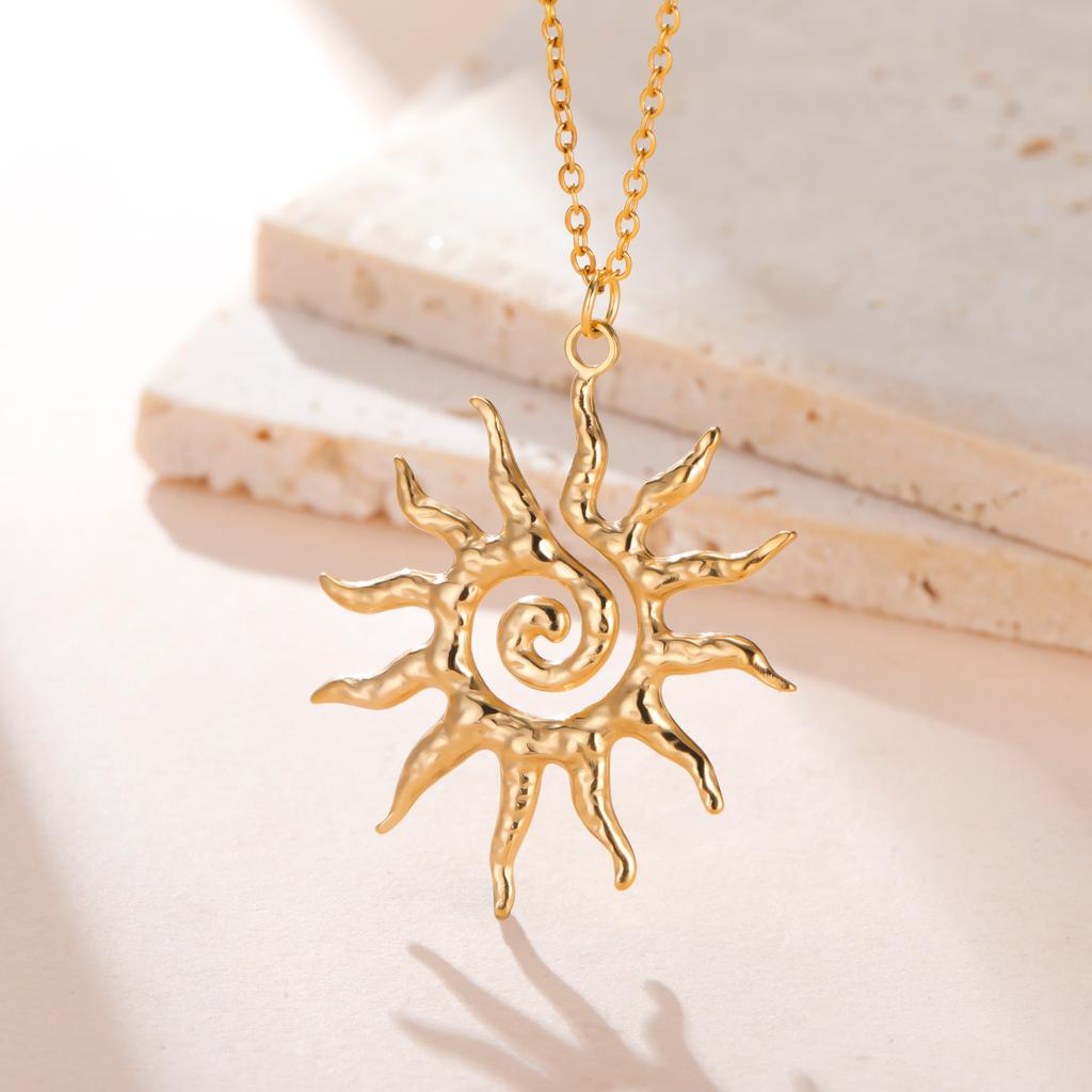Teamer Spiral Sun Pendant Necklace Gold Stainless Steel Choker Vintage Jewelry Gift For Women Birthday