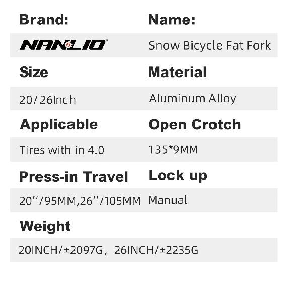 NANLIO Fat Bike Air Suspension Fork 20 26 Inch 4.0 Tire Snow MTB E-Bike Fork Oil Damping 32mm Stanchion 135x9mm