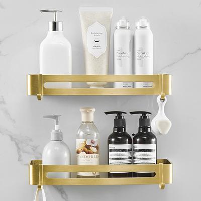 Badezimmerregal aus Aluminium mit Haken, rechteckig, für Küche, Badezimmer, Duschgel, Seife, Shampoo, gebürstetes Gold, Aufbewahrungsorganisator