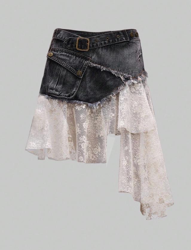 Spring/Summer Slimming High-Waisted Denim Skirt with Irregular Lace Patchwork Large