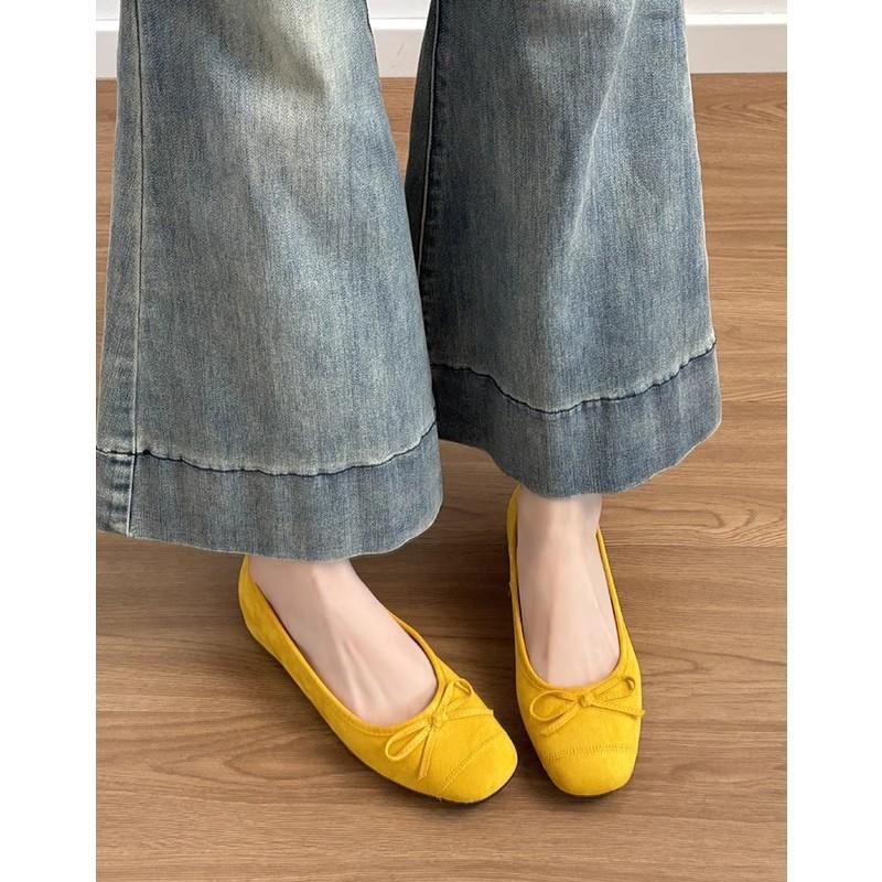 Sheepskin Version~ Genuine Leather Spring New Inner Height Increase Ballet Shoes Women's Gentle Bow Shallow Mouth Single Shoes Doudou Shoes