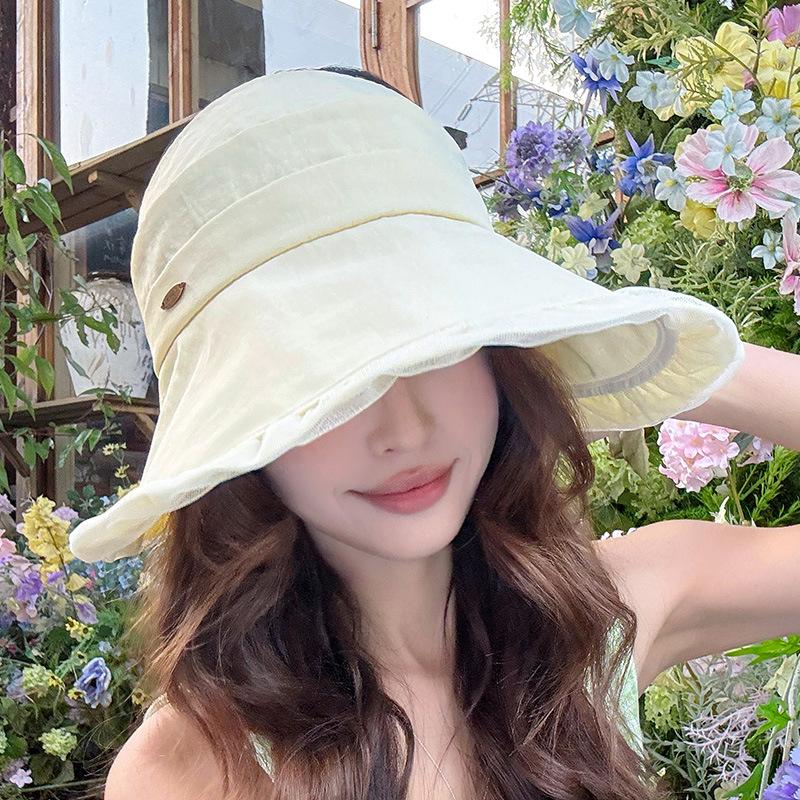 Simple commuter wind lotus leaf edge empty top sunscreen hat female summer big brim sun hat showing small face travel versatile mesh gauze hat