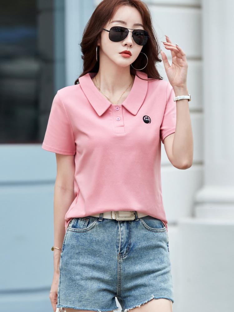 Dámské tričko French Sweet s vyšívaným polo výstřihem Růžová trička s předním ramenem, broskvový design s výšivkou, letní trička
