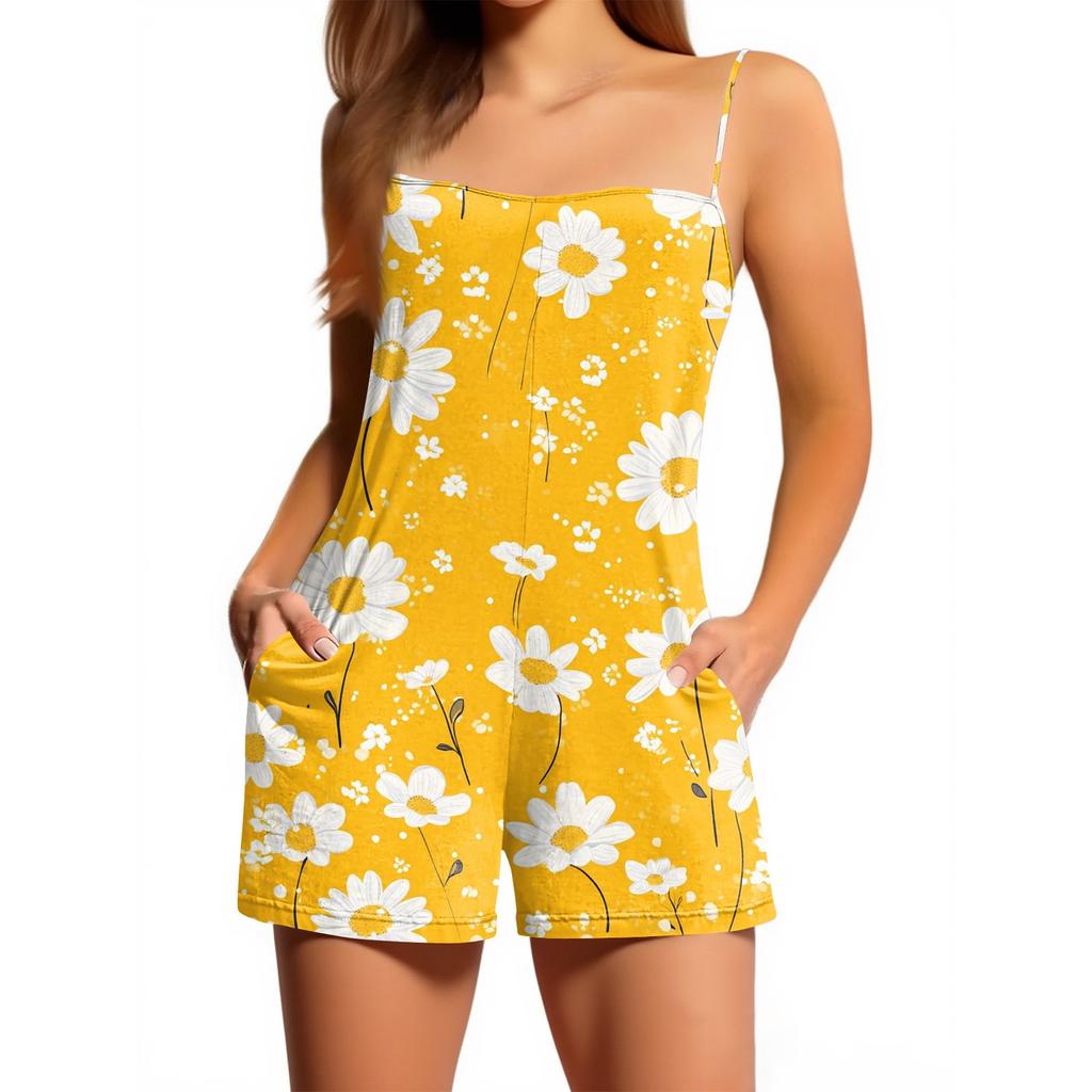 Women's Casual Fashion Floral Print Sleeveless Suspenders With Pockets Jumpsuit Shorts