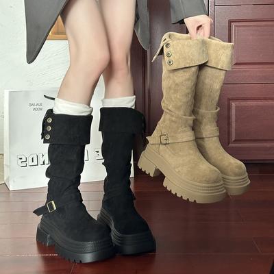 Retro okrągły nosek gruba podeszwa grube obcasy buty damskie nowe jesienno-zimowe moda cienkie buty jeździeckie