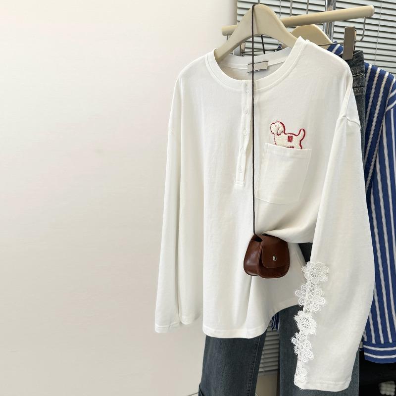 White cotton pocket lace embroidered splicing long-sleeved T-shirt women's loose crew neck top
